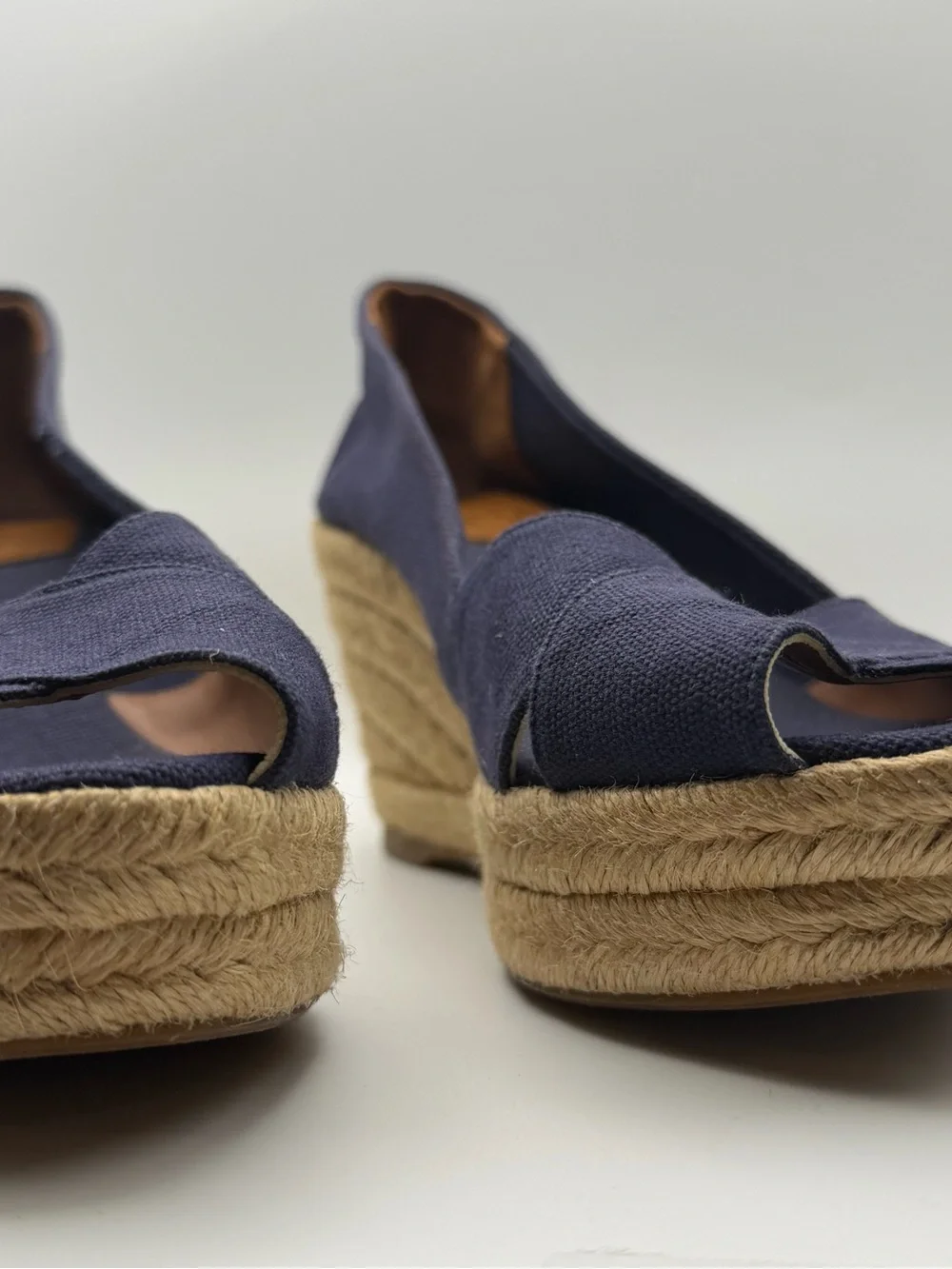 Tory Burch Navy Canvas Espadrille Wedge Peep Toe Heels Women’s 8 Coastal Preppy